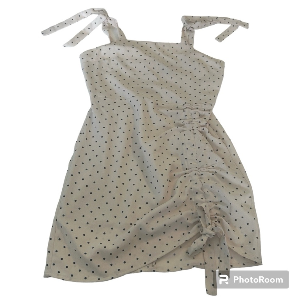 Lumiere white mini dress with black polka dot print tie straps ruched bottom
